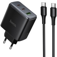 Мережевий зарядний пристрій Hoco C160A Upgrade PD65W+QC3.0 (1USB-A/2C) + кабель Type-C to Type-C Black