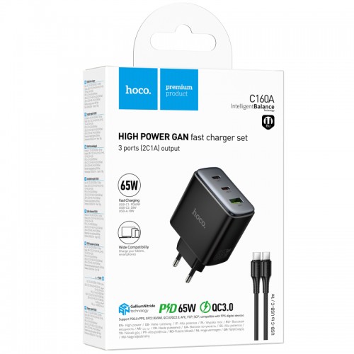 Мережевий зарядний пристрій Hoco C160A Upgrade PD65W+QC3.0 (1USB-A/2C) + кабель Type-C to Type-C Black