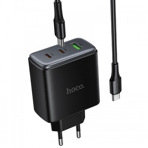 Мережевий зарядний пристрій Hoco C160A Upgrade PD65W+QC3.0 (1USB-A/2C) + кабель Type-C to Type-C Black