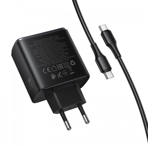 Мережевий зарядний пристрій Hoco C160A Upgrade PD65W+QC3.0 (1USB-A/2C) + кабель Type-C to Type-C Black
