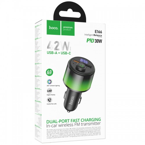 Автомобильное зарядное устройство FM модулятор Hoco E166 Path PD42W+QC3.0 (1USB-A/1C) Black