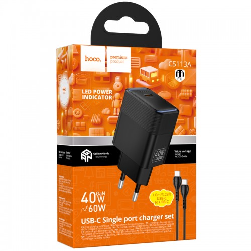 Мережевий зарядний пристрій Hoco CS113A Lounge PD40W (1USB-C) + кабель Type-C to Type-C Black