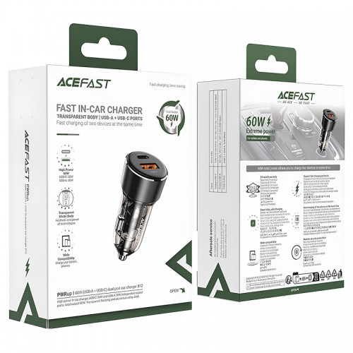 Автомобильное зарядное устройство Acefast B12 PD30W+QC3.0 total 60W (1USB-A/1C) Black