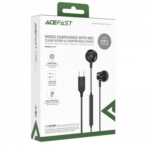 Наушники проводные вкладыши Acefast L2 (Type-C/1.2m) с микрофоном и управлением Black
