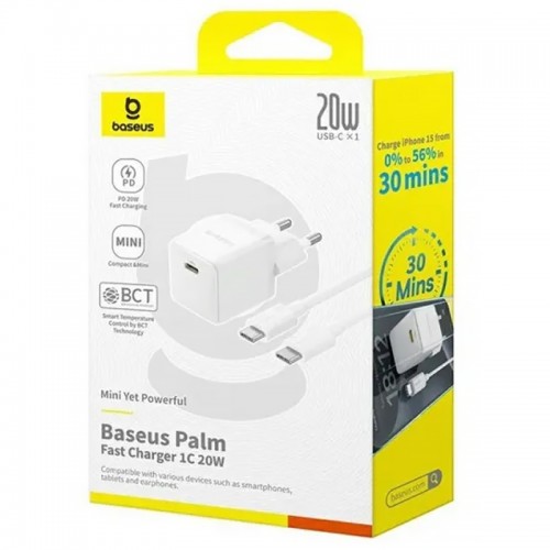 Сетевое зарядное устройство Baseus Palm Fast Charger 20W (1USB-C) + кабель Type-C to Type-C (P10111602) Moon White